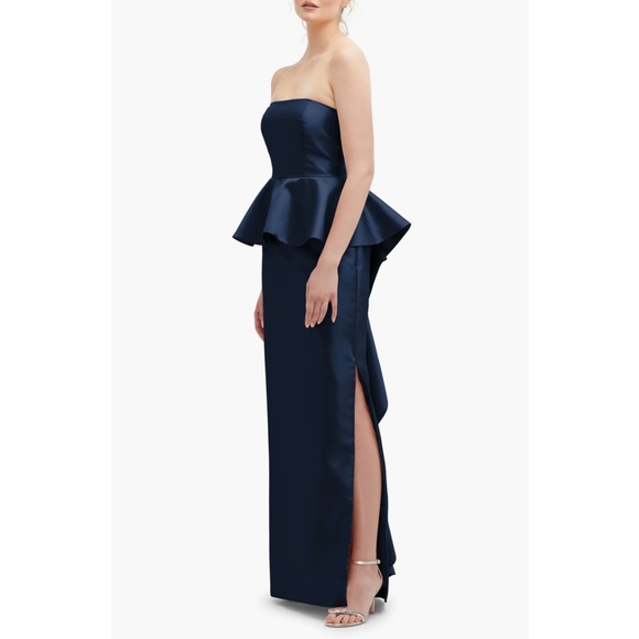 NEW ALFRED SUNG Midnight BLUE Strapless RUFFLE Peplum SATIN Column GOWN 12 - Picture 9 of 16